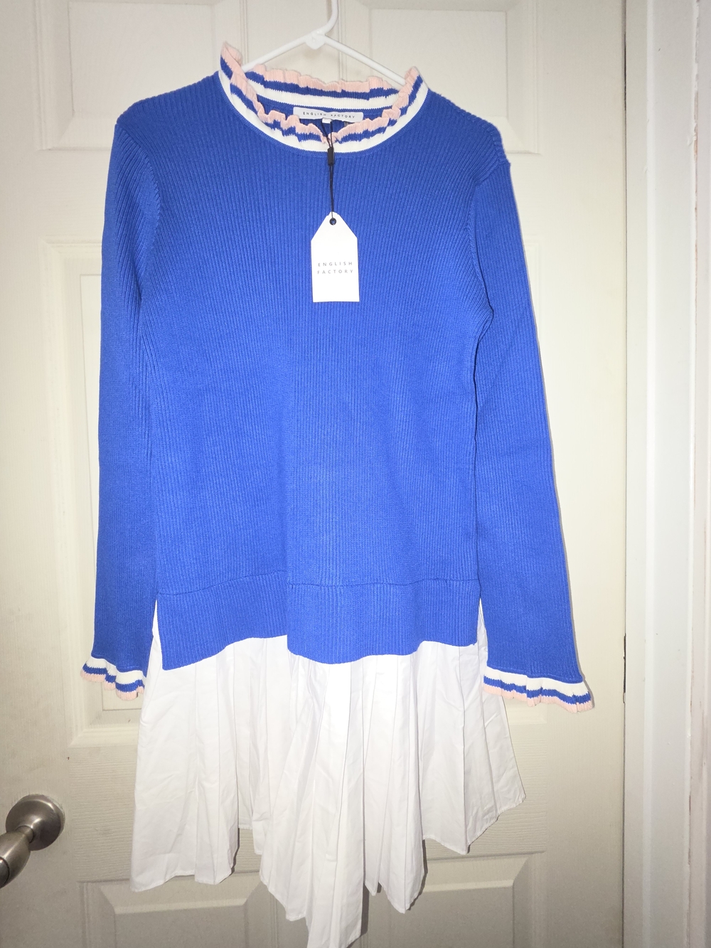 English Factory Blue Crewneck Sweater with Pink & White Trim